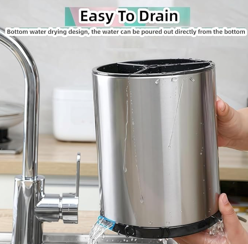 Stainless Steel Rotating Utensil Holder – 360° Spinning Cutlery Organizer with Dividers – Kitchen Counter Flatware Storage Bucket (Silver)