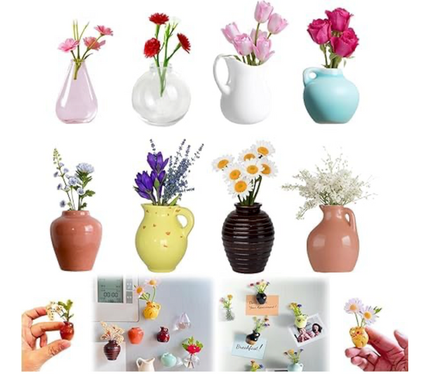Mini Vase Magnets for Fridge (8 Pcs) | Cute 3D Ceramic Flower Vase Refrigerator Magnets | Strong Magnetic Decorative Vases for Kitchen, Office & Home Decor,Multicolor.