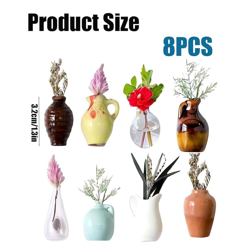 Mini Vase Magnets for Fridge (8 Pcs) | Cute 3D Ceramic Flower Vase Refrigerator Magnets | Strong Magnetic Decorative Vases for Kitchen, Office & Home Decor,Multicolor.