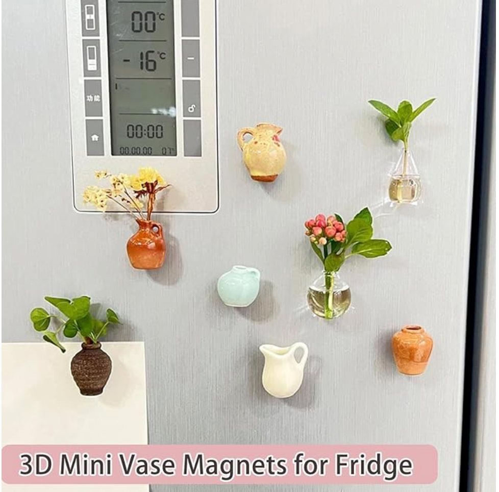 Mini Vase Magnets for Fridge (8 Pcs) | Cute 3D Ceramic Flower Vase Refrigerator Magnets | Strong Magnetic Decorative Vases for Kitchen, Office & Home Decor,Multicolor.