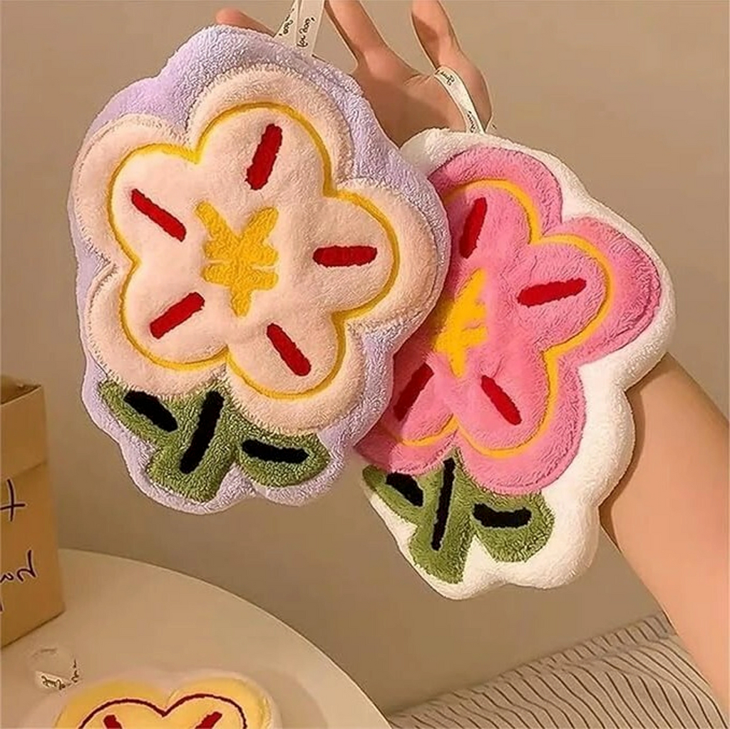 Cute Hanging Flower Design Hand Towels, Soft Absorbent Coral Fleececozy Cozy Hand Dry Towel with Loop, Hand Dry Towels for Kitchen Bathroom