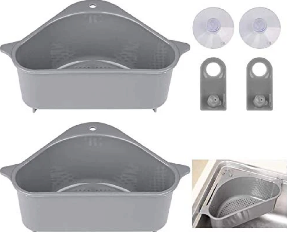 Kitchen Triangular Sink Strainer Basket with Suction Cups – Multipurpose Corner Drain Shelf Rack for Sponge, Soap & Vegetables
