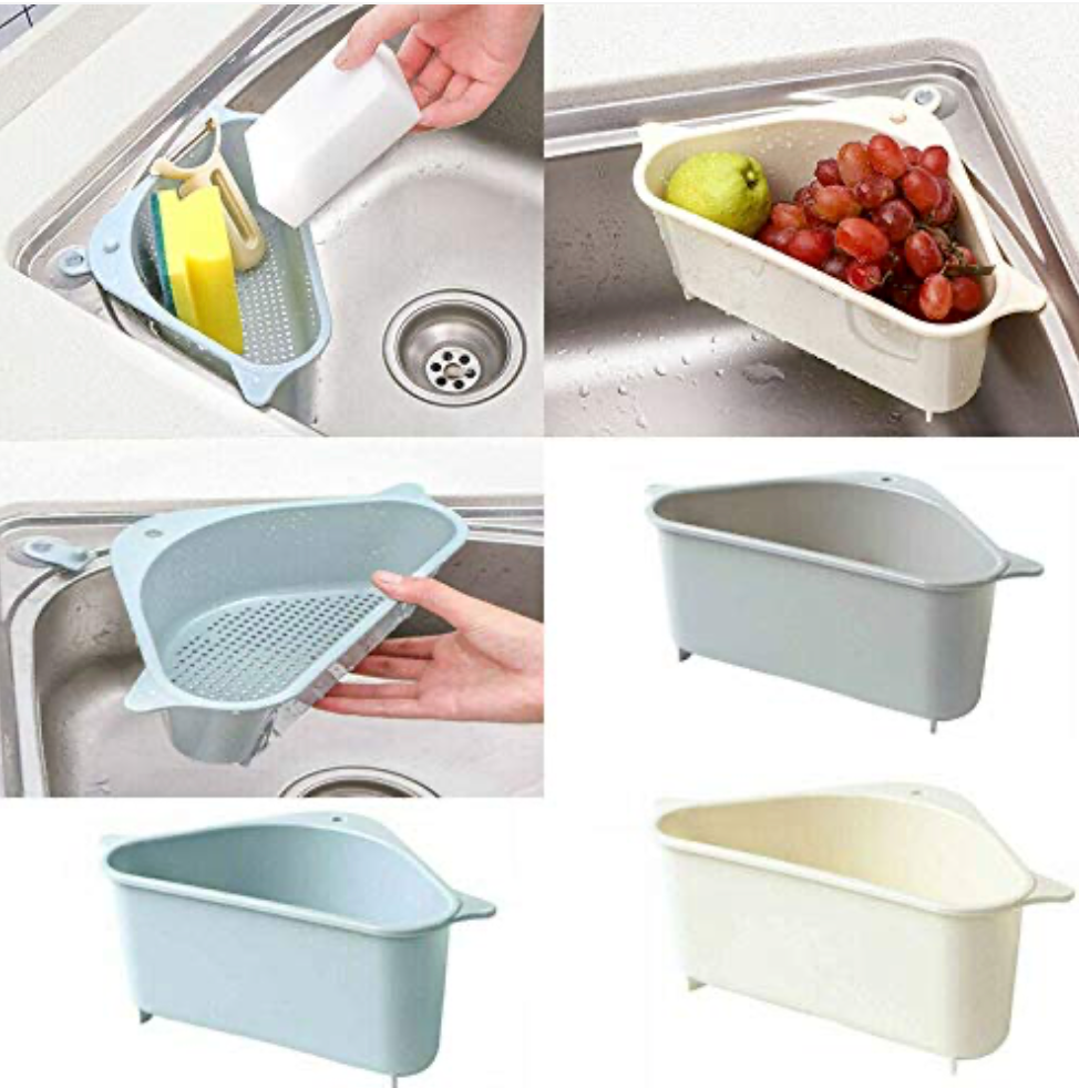 Kitchen Triangular Sink Strainer Basket with Suction Cups – Multipurpose Corner Drain Shelf Rack for Sponge, Soap & Vegetables